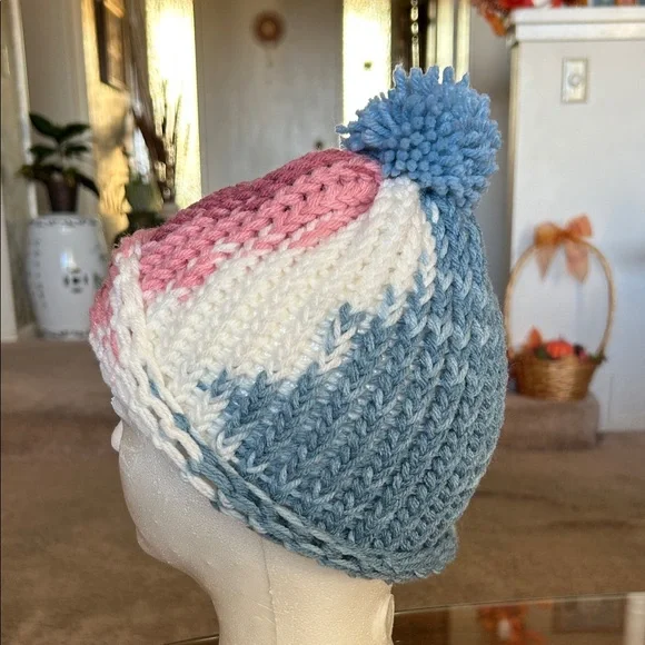 Handmade Blue and Green Knit Beanie - Picture 7 of 10